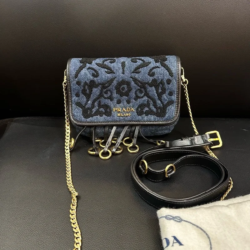 Prada Embroidered Denim Bag Blue 18cm