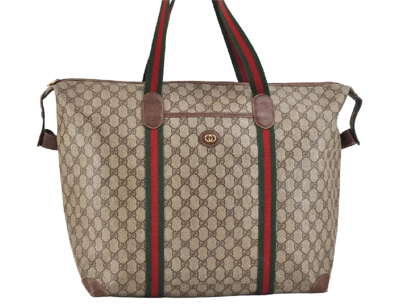 Women Gucci Sylvie bags with a monogram - embossed leatherAuthentic GUCCI Web Sherry Line Travel Boston Bag GG PVC Leather Brown 2420K