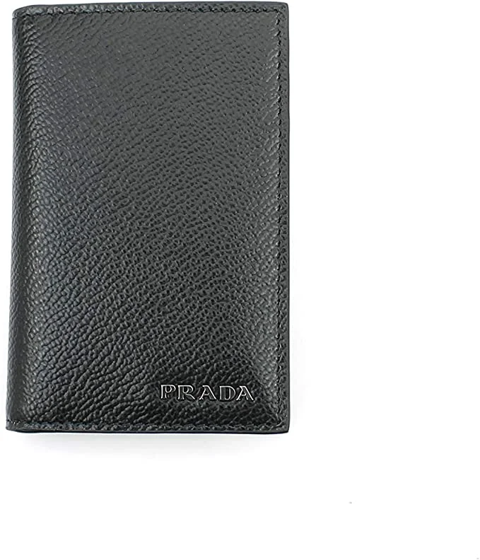 Prada Men's Vitello Micro Grain Black Grey Leather Vertical Card Holder 2MC101