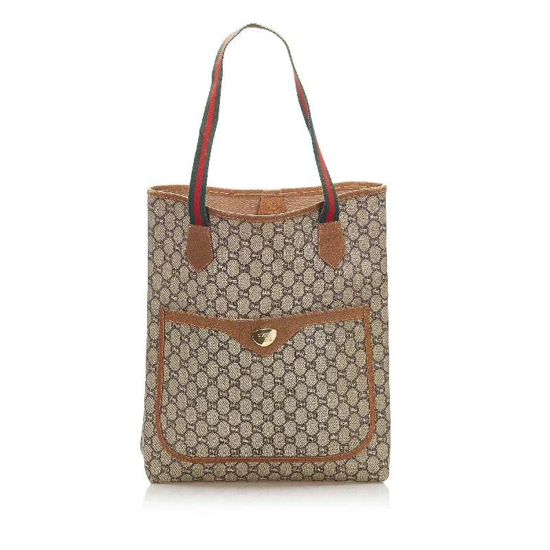 Women Gucci Sylvie bags with a leather - wrapped handleGucci GG Plus Web Tote Bag (SHG-16279)