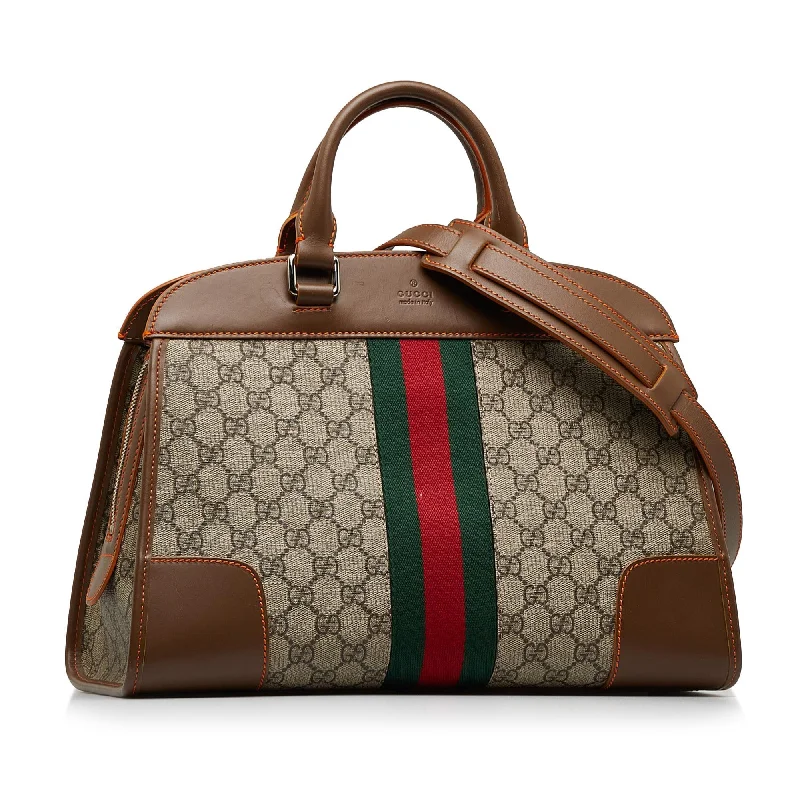 Women Gucci bags with a chain - link trim and a leather bodyGucci GG Supreme Web Duffle Tote (SHG-a5gr4F)