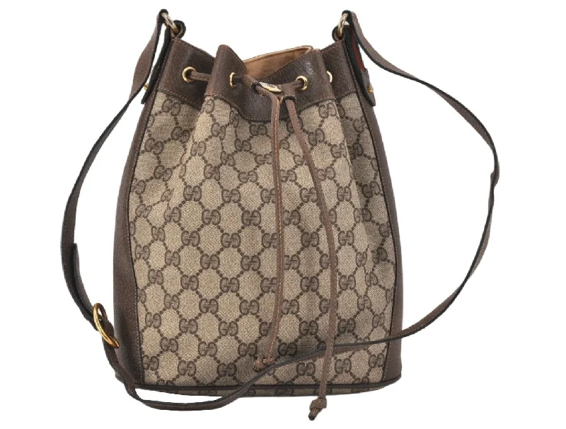 Women Gucci crossbody bags with a printed floral patternAuthentic GUCCI Web Sherry Line Drawstring Bag GG PVC Leather Brown Junk 3352K