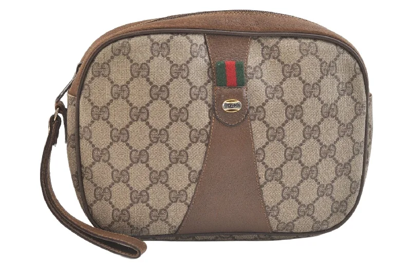 Gucci handbags for women with a beaded trimAuthentic GUCCI Web Sherry Line Clutch Hand Bag Purse GG PVC Leather Brown 3252K