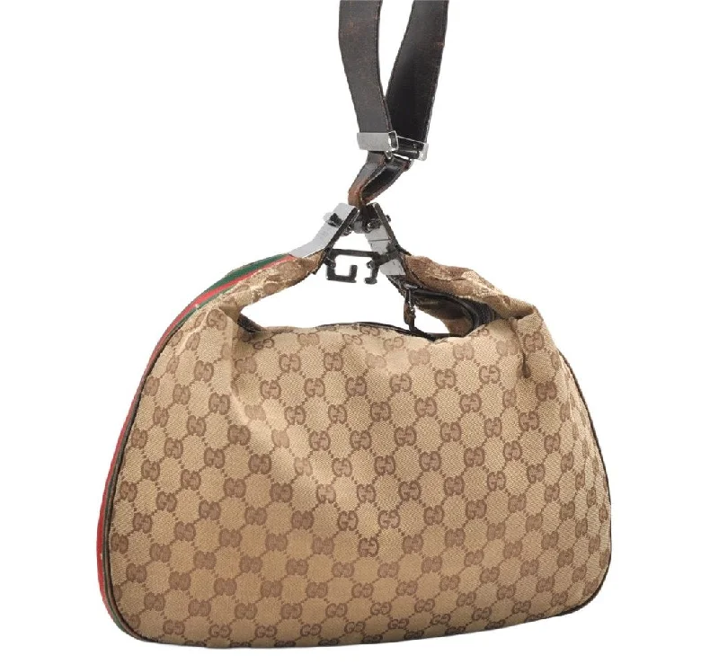 Ladies Gucci shoulder bags with a wide - width strapAuth GUCCI Web Sherry Line Shoulder Bag GG Canvas Leather 0013341 Brown 2415K