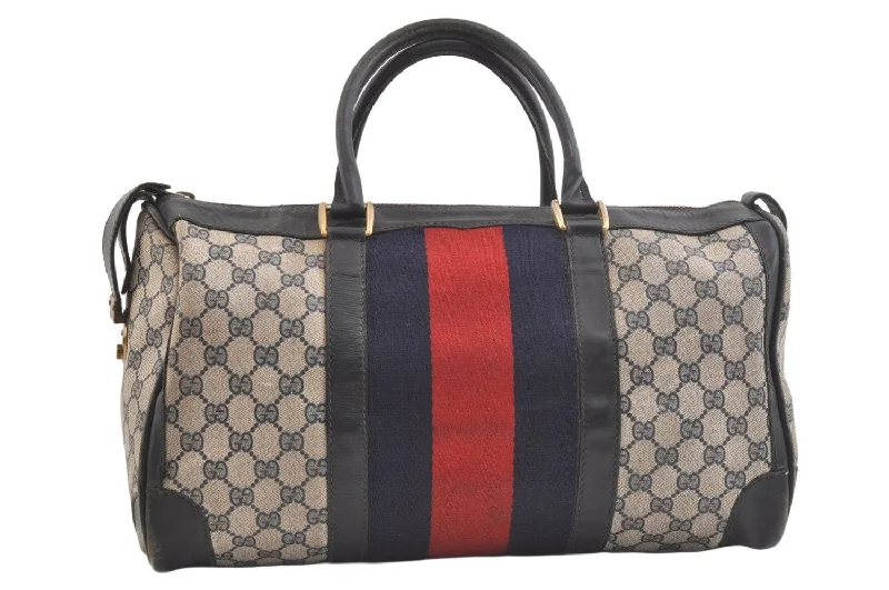 Women Gucci tote bags in GG Supreme canvas for a branded feelAuthentic GUCCI Sherry Line Hand Boston Bag GG PVC Leather Navy Blue 3202K