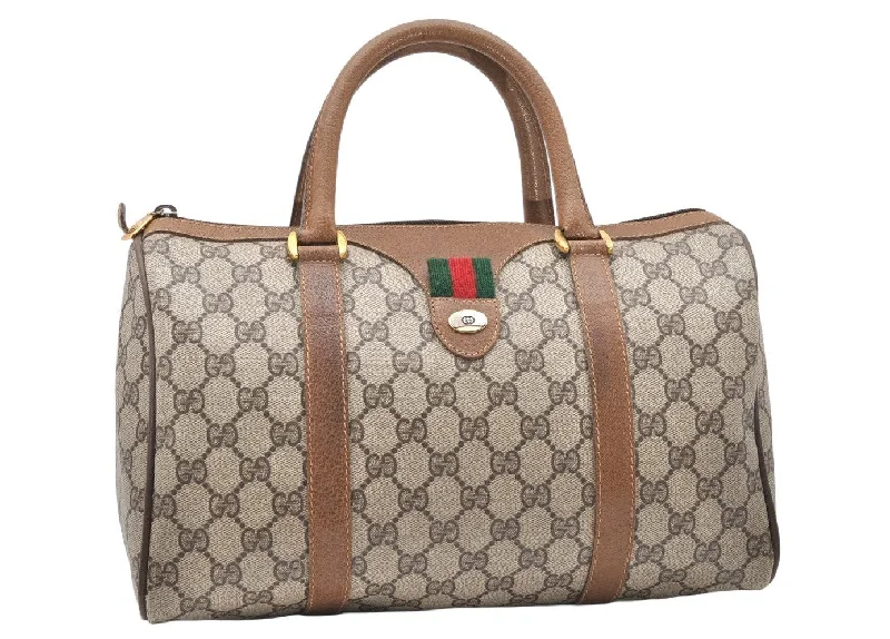 Gucci handbags for women with a back - zip pocketAuthentic GUCCI Web Sherry Line Hand Boston Bag GG PVC Leather Brown 3214K