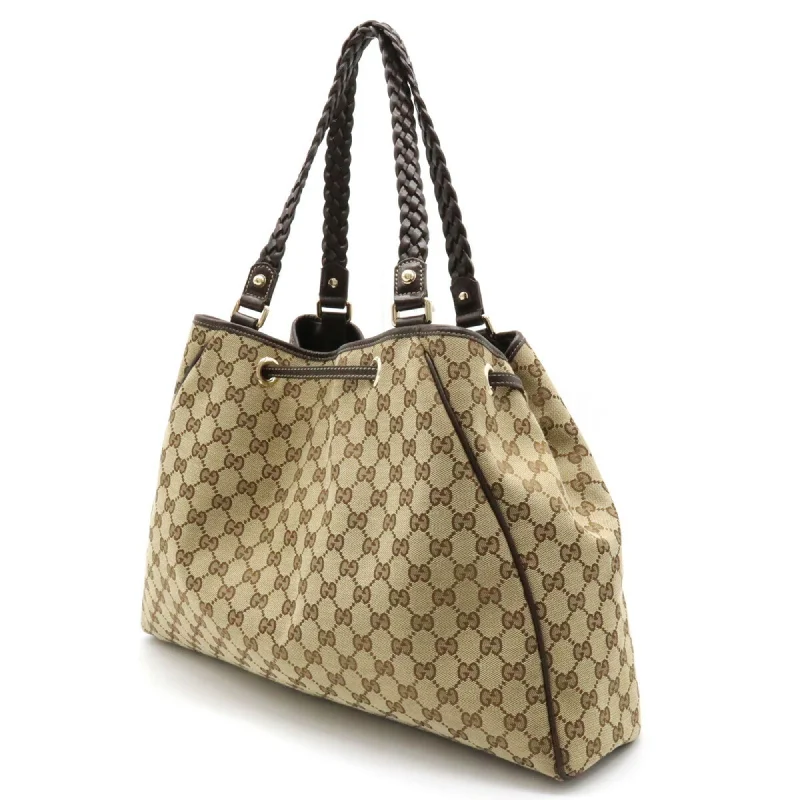 Women Gucci crossbody bags with a woven leather strapGUCCI GG Canvas Tote Bag Shoulder Tassel Leather Khaki Beige Dark Brown 170206