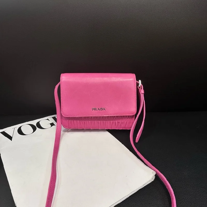 Prada Rose Red Leather Wrinkled Crossbody Bag 15cm