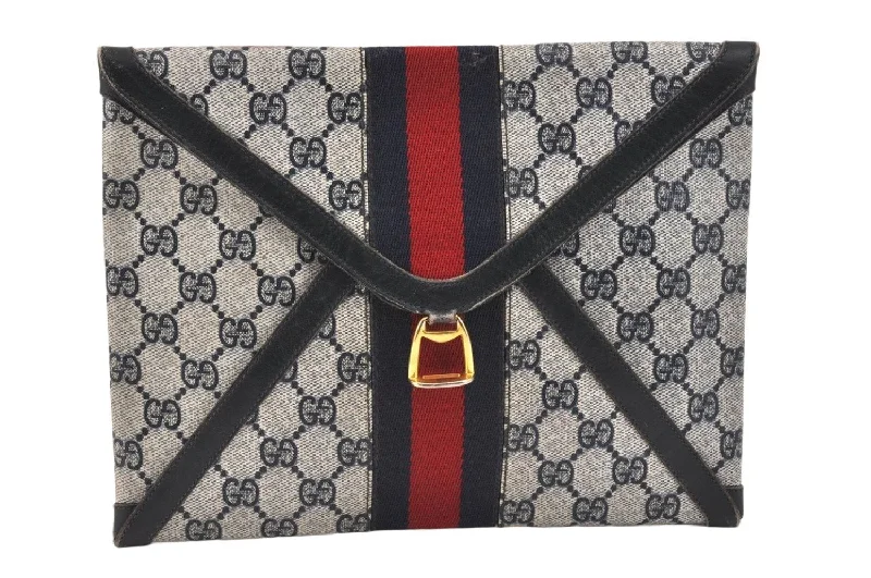 Gucci Marmont bags for women with gold - toned hardwareAuthentic GUCCI Sherry Line Clutch Hand Bag Purse GG PVC Leather Navy Blue 3254K