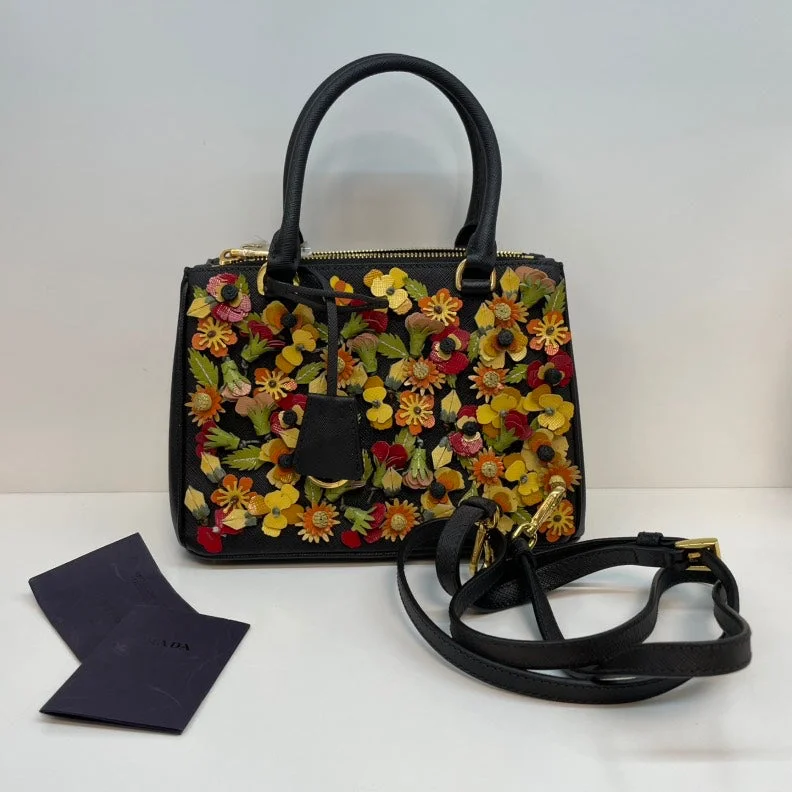 Prada Floral Embroidered Black Leather Crossbody Medium