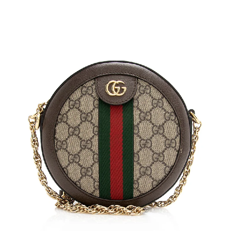 Women Gucci bags with interlocking G hardware for a classic lookGucci GG Supreme Ophidia Round Mini Shoulder Bag