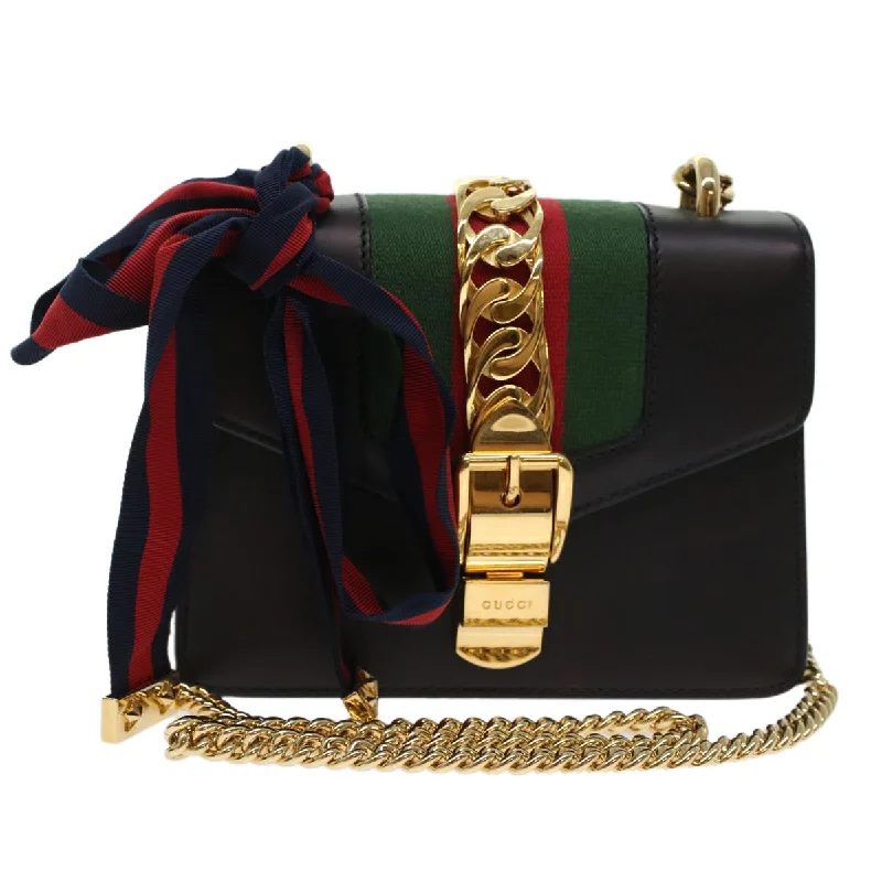 Women Gucci Sylvie bags with a monogram - embossed leatherGUCCI Web Sherry Line Chain Silvi Shoulder Bag Leather Black 431666  49437A