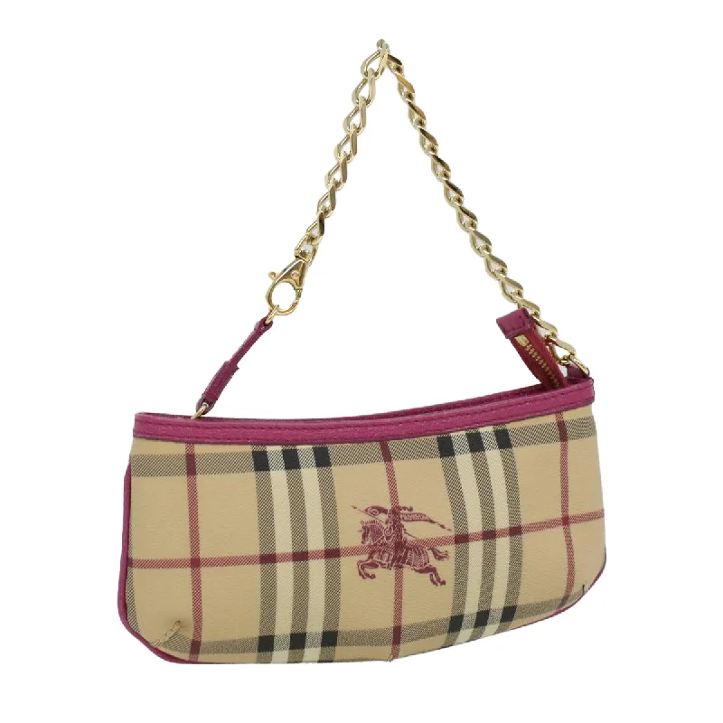 BURBERRY Nova Check Chain Accessory Pouch PVC Leather Beige Pink Auth yk5442