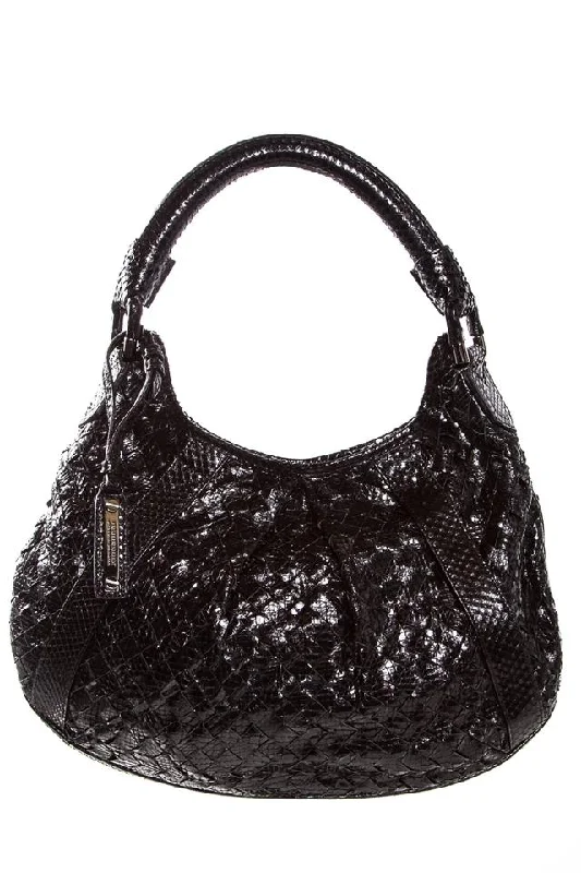 Burberry Woven Top Zip Closure Snake Black Snakeskin Leather Hobo Bag