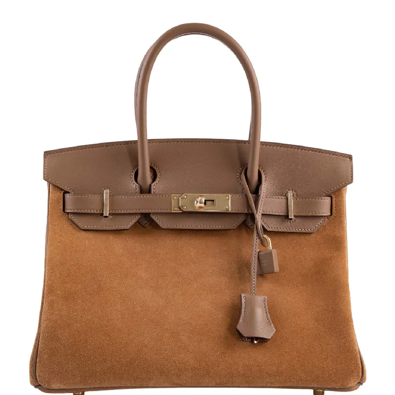 Hermès Birkin 30 Grizzly Chamois Veau Doblis Suede and Alezan Swift with Gold Hardware