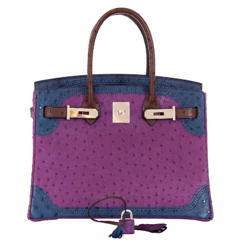 Hermès Birkin 30 Tri Color Ostrich Violine Blue De Malt And Marron Palladium Hardware