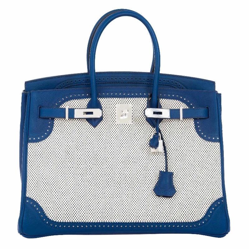 Hermès Birkin 35 Ghillies Bleu Saphir Swift And Toile Palladium Hardware