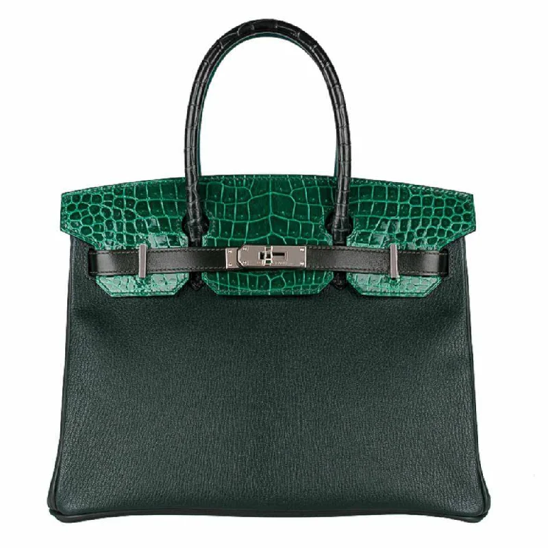 Hermès Birkin 30 "Patchwork" Vert Fonce Vert Titen Emerald Chevre Clemence Box Calf Porosus Crocodile Palladium Hardware