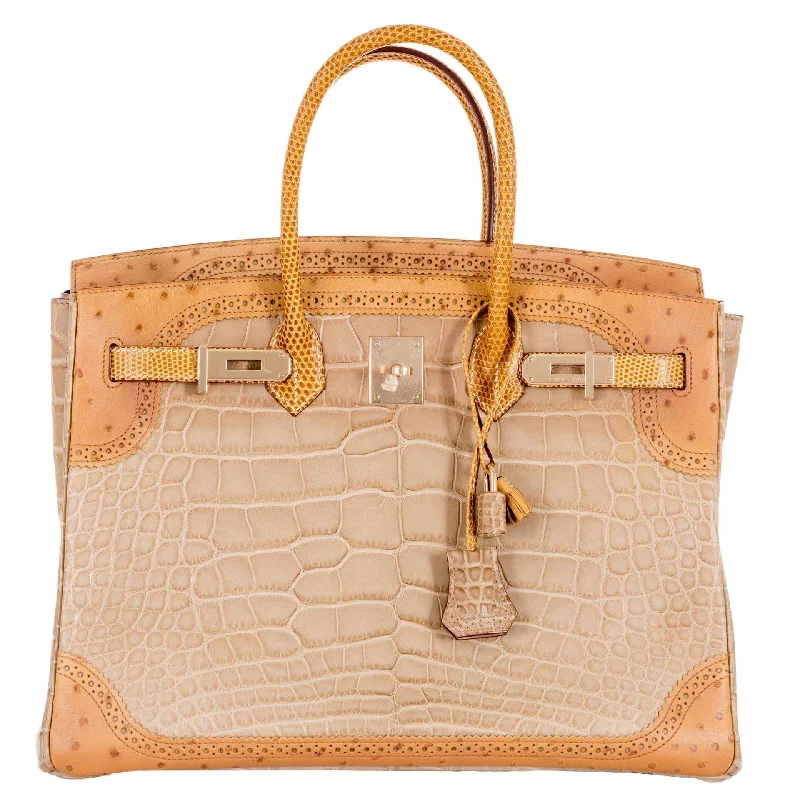 Hermès Birkin 35 Tri-Exotic Beige Alligator Ostrich Lizard Permabrass Hardware