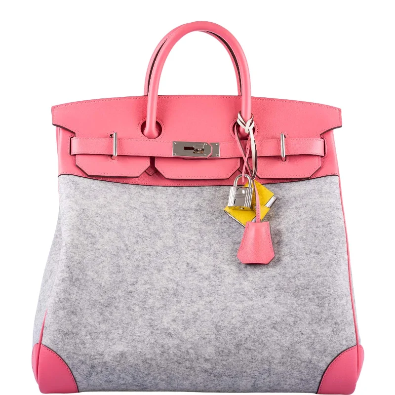 Hermès Birkin 40 HAC Rose Azalée Evercolor leather and Gris Clair Wool Toudou Palladium Hardware