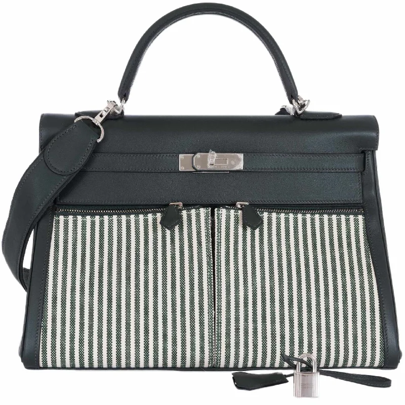 Hermès Kelly 35 Lakis Ecru Vert Anglais Toile Riga Swift Palladium Hardware