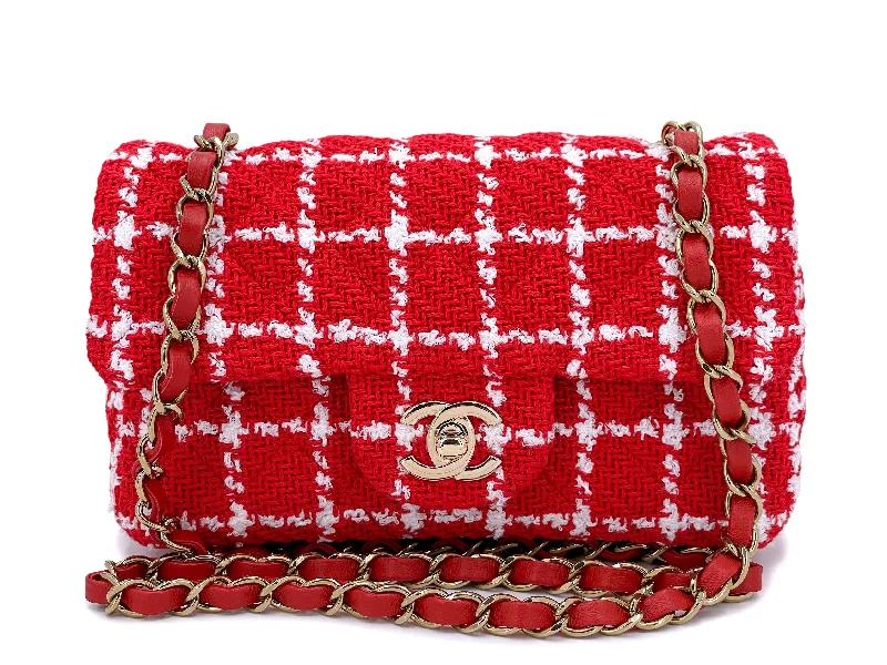 NIB Chanel 23C Red Tweed Checkered Rectangular Mini Flap Bag GHW