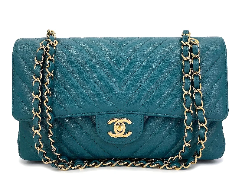 Chanel Teal Green Chevron Caviar Medium Classic Double Flap Bag GHW