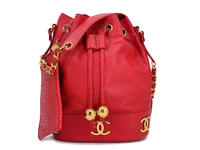 Chanel 1994 Vintage Red Caviar Bucket Bag Drawstring 24k GHW