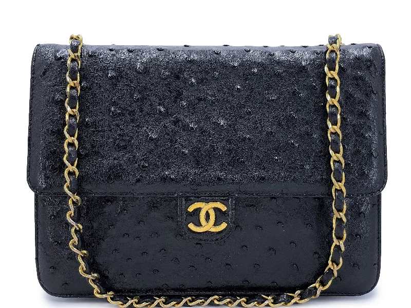 Chanel Vintage 1987 Black Ostrich Timeless Convertible Flap Bag 24k GHW