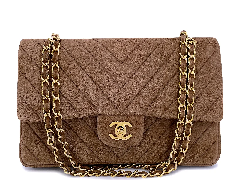 Chanel 1990 Vintage Suede Taupe Chevron Medium Flap Bag 24k GHW