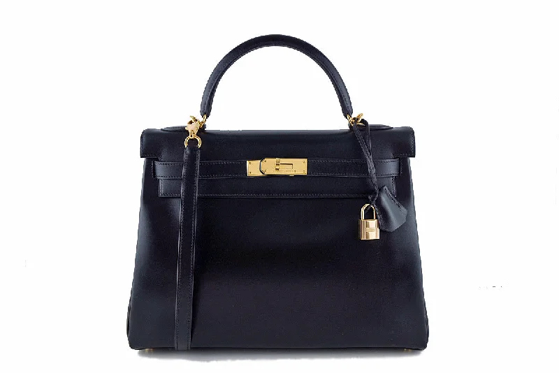 Hermes Black 32cm Box calf Kelly Retourne Bag