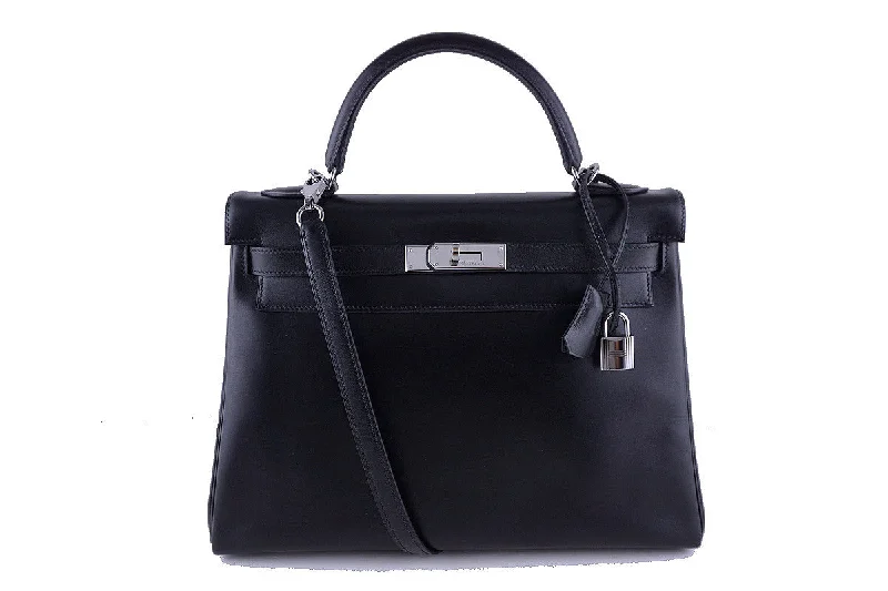 Hermes Black 32cm Box calf Kelly Retourne Bag, Ruthenium HW Rare