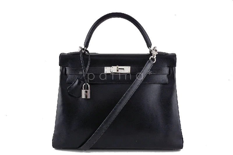 Hermes Black 32cm Box calf Kelly Retourne Bag