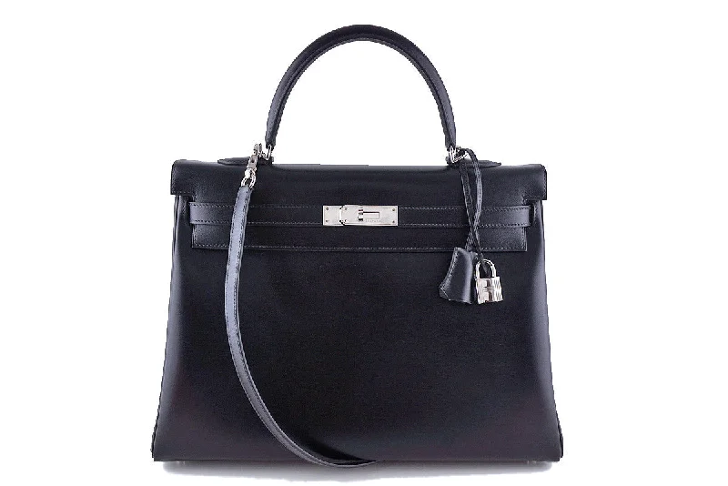 Hermes Black 35cm Box calf Kelly Retourne Bag