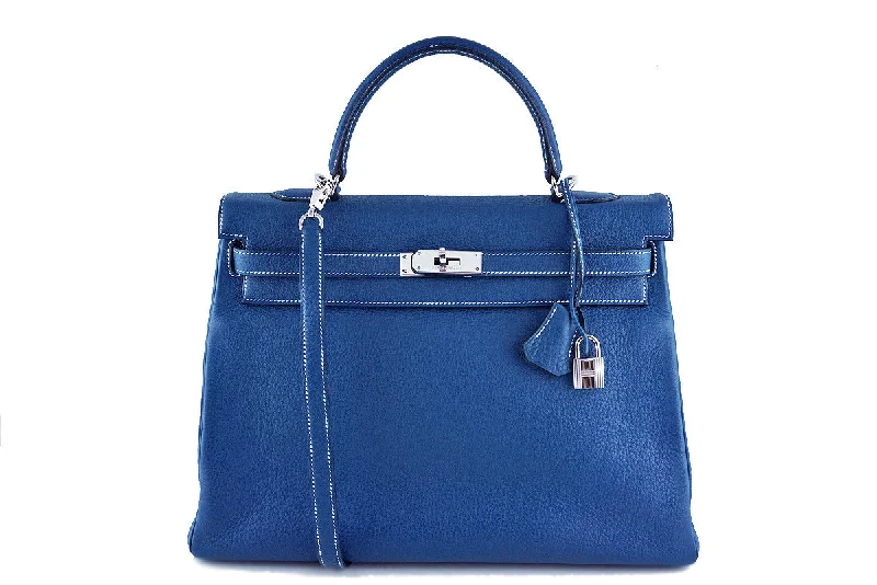 Hermes Blue Thalassa 35cm Kelly Clemence Retourne Bag, PHW