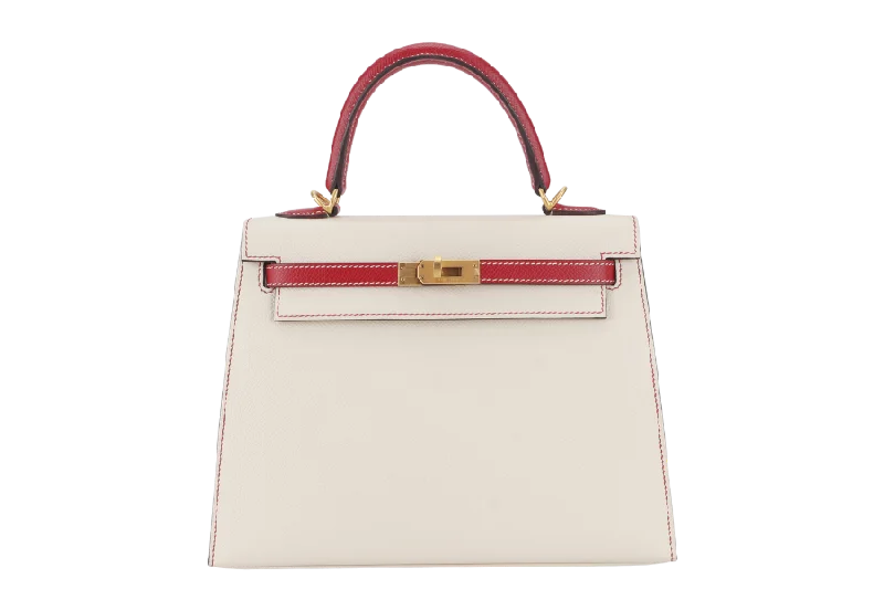 HERMES KELLY 25 HSS SELLIER STAMP D (YEAR 2022) EPSOM CRAIE ROUGE CASAQUE BRUSHED GOLD HARDWARE WITH LOCK&KEYS, RAINCOAT AND DUST COVER