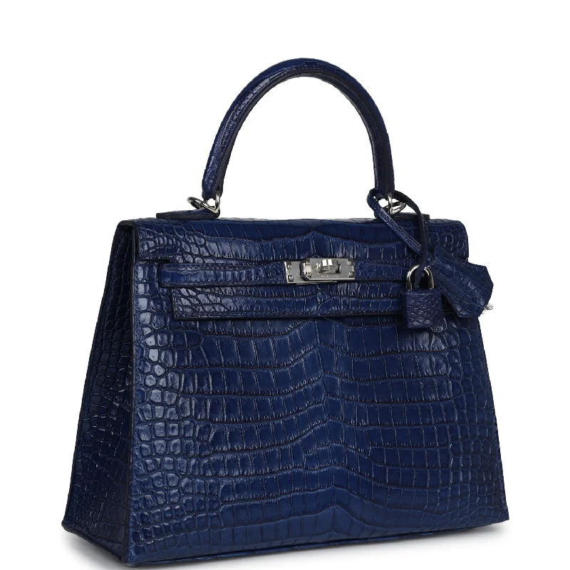 Hermes Kelly Sellier 25 Bleu Indigo Aizome Matte Porosus Crocodile Palladium Hardware