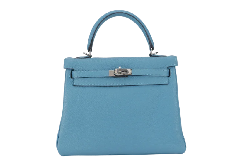 HERMES KELLY 25 STAMP R (YEAR 2014) RETOURNE TURQUOISE TOGO SILVER HARDWARE WITH LOCK&KEYS, RAINCOAT AND DUSTC COVER