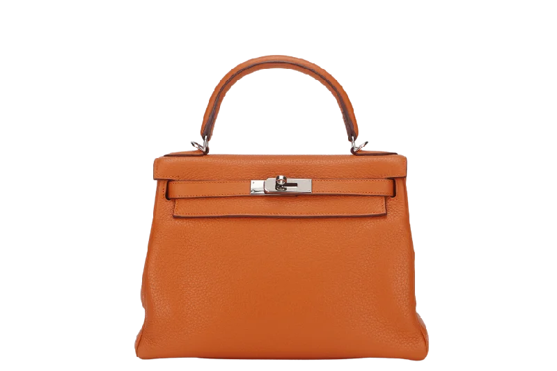 HERMES KELLY 28 RETOURNE (STAMP X) ORANGE CLEMENCE LEATHER SILVER HARDWARE WITH STRAP, LOCK&KEYS, RAINCOAT, DUST COVER & BOX