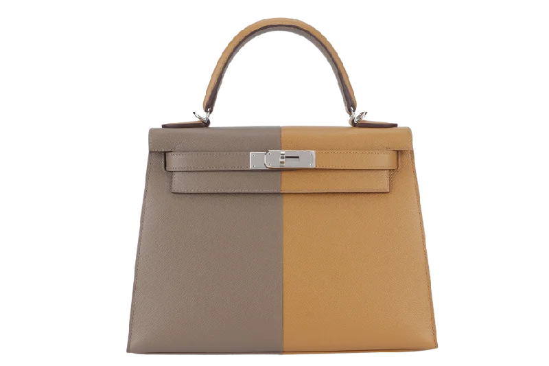 HERMES KELLY 28 STAMP U (YEAR 2023) CASAQUE ETOUPE, SESAME COLOR EPSOM LEATHER SILVER HARDWARE WITH STRAPS, LOCK&KEYS, RAINCOAT AND DUST COVER