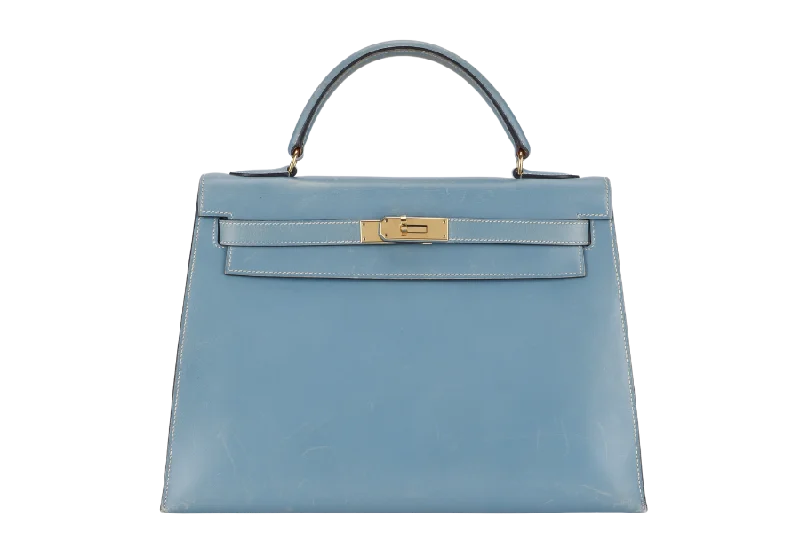 HERMES KELLY 32 STAMP A (YEAR 1997) BLUE JEAN BOX LEATHER GOLD HARDWARE WITH DUST COVER, STRAP , KEYS AND LOCK