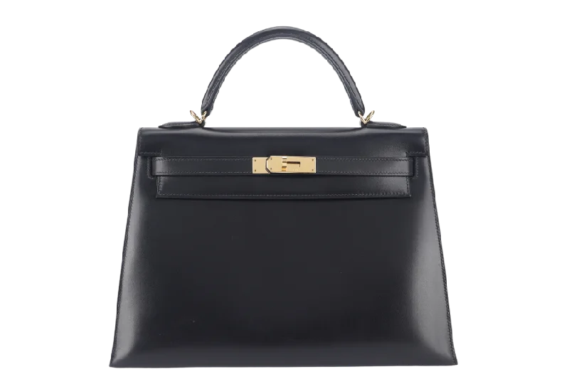 HERMES KELLY 32 STAMP O (YEAR 2011) SELLIER BLACK BOX LEATHER GOLD HARDWARE WITH STRAPS, LOCK&KEYS AND DUST COVER