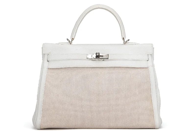 HERMES KELLY 35CM (STAMP F YEAR 2002) RETOURN TOILE & WHITE CLEMENCE LEATHER, PALLADIUM HARDWARE, WITH LOCK, KEYS & DUST COVER, NO STRAP