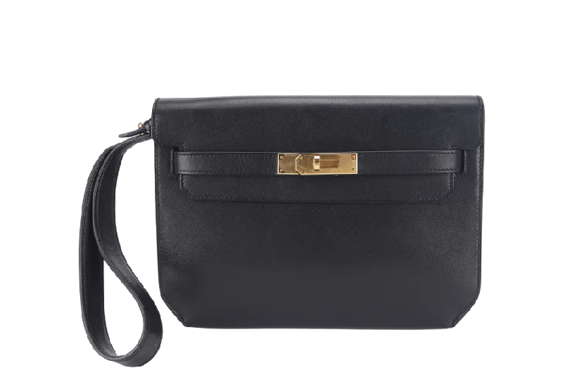 HERMES KELLY DEPECHES POUCH 25 STAMP U (YEAR 2022) BLACK EVERCOLOR LEATHER GOLD HARDWARE