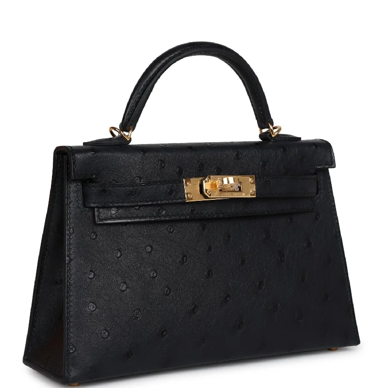 Hermes Kelly Sellier 20 Black Ostrich Gold Hardware