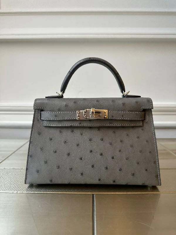 HERMÈS MINI KELLY II 20CM GRIS MEYER Ostrich Leather with Palladium Hardware