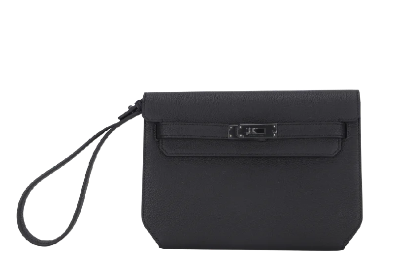 HERMES POCHETTE KELLY DEPECHES 25 (STAMP W) BLACK TOGO BLACK HARDWARE  WITH DUST COVER & BOX