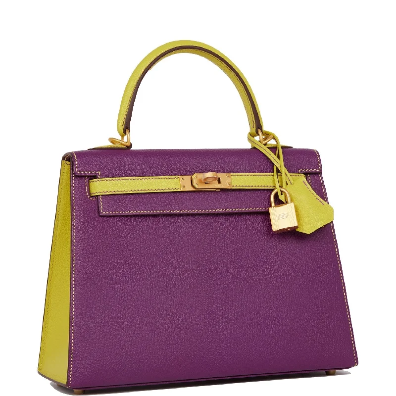 Hermes Kelly Sellier 25 Anemone and Lime Chevre Brushed Gold Hardware