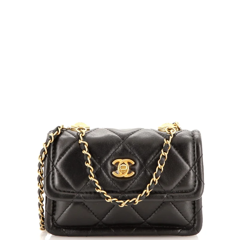 Button on Top Flap Clutch with Chain Quilted Shiny Lambskin Mini