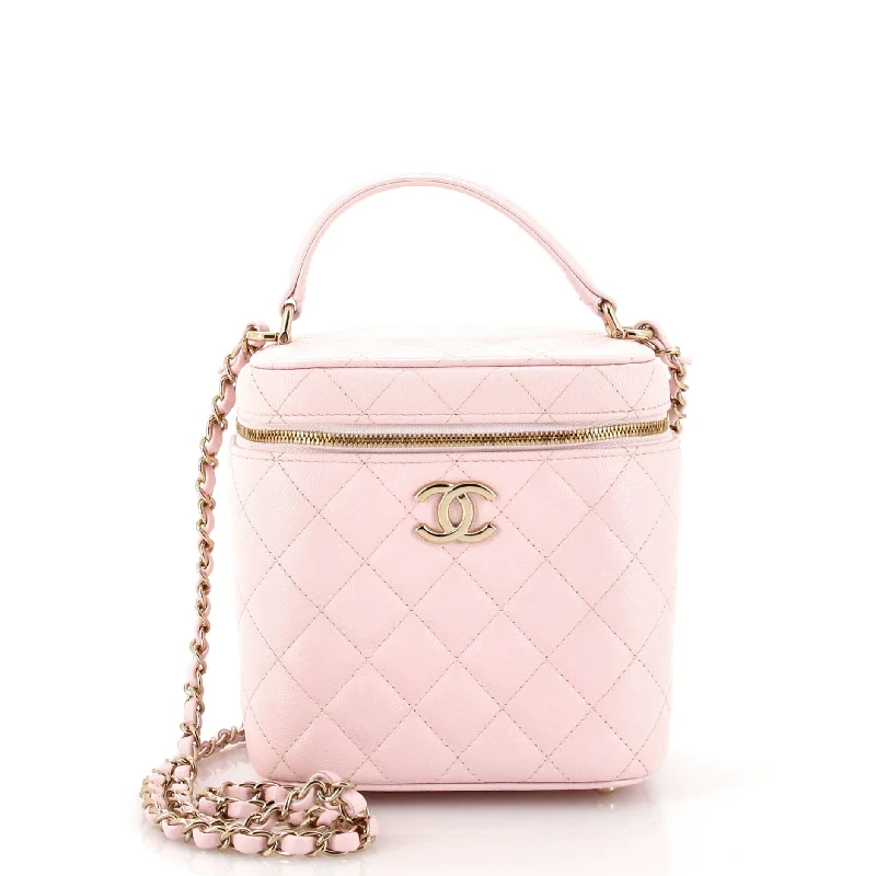 CC Top Handle Vanity Case with Chain Quilted Caviar Small